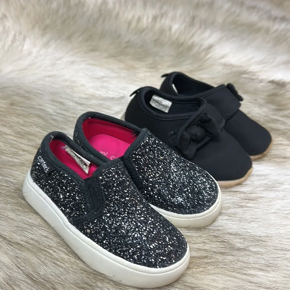 Carter’s Toddler Girls Shoes Size 5 Black Glitter Slip On & Bow Sneakers Lot